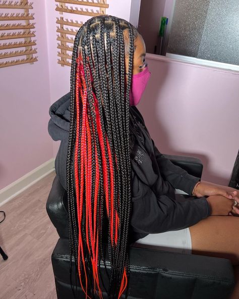 Black And Red Twist Braids, Braids With Red In The Back, Black And Red Braids Peekaboo, Red Peekaboo Hair Braids, Red And Black Goddess Braids, Red Peekaboo Knotless Braids, Black Red Braids, Red And Black Knotless Braids, Red Peekaboo Braids