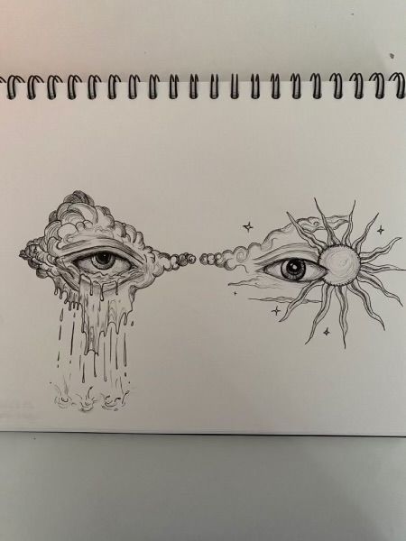 Surreal Art Sketch, Trippy Clouds Drawing, Naked Mushroom Lady Tattoo, Cloudy Tattoos, Trippy Sun Drawing, Cloudy Drawing, Abstract Eye Drawing, Trippy Sketches, Spiritual Drawings Ideas