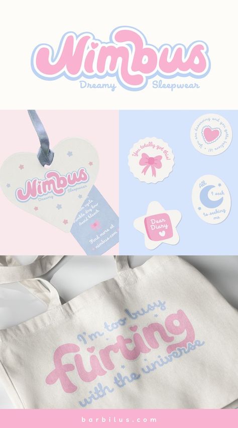 A dreamy brand identity for a girls clothing business This branding project includes the custom logo suite (main logo, secondary logo, brandmark), color palette, brand pattern, custom stickers, clothing tag design, packaging, social media design, and more created for Nimbus! The typography was fully customized and we used baby blue and cream. Contact www.barbilus.com Packaging Social Media Design, Clothing Tag Design, Color Palette Brand, Custom Wall Stickers, Logo Suite, Case Study Design, Secondary Logo, Brand Pattern, Clothing Brand Logos