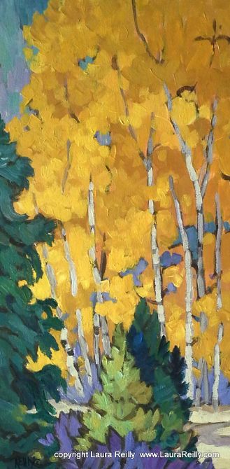 Contemporary Artists of Colorado: Colorful Colorado Aspen Tree Painting, "Aspen Awakening", by Contemporary Colorado Artist Laura Reilly Watercolor Fall Aspens, Aspen Tree Painting Acrylic, Contemporary Abstract Landscape Painting, Laura Reilly, Fall Watercolors, Aspen Trees Painting, Colorado Painting, Aspen Art, Contemporary Landscape Artists