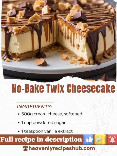 Twix Cheesecake Recipe, Twix Cheesecake, Cheesecake Ingredients, Heavenly Recipes, Food Hub, Cheesecake Filling, Digestive Biscuits, Cheesecake Recipes, No Bake