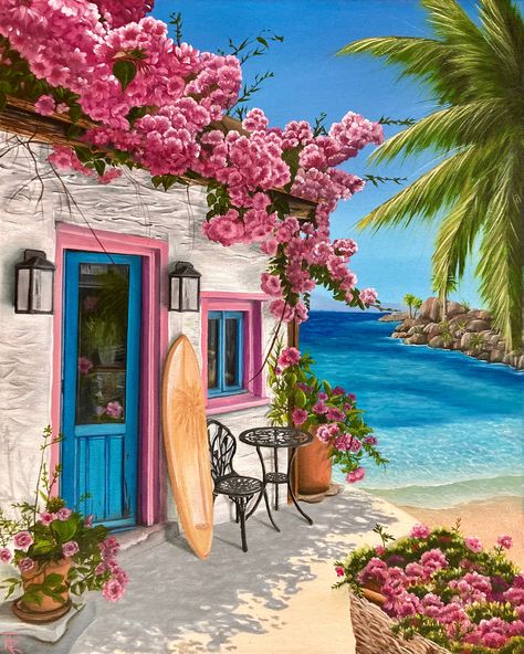 "Mediterranean Dream" is an oil painting of a unique soothing Mediterranean beach scene, with turquoise clear ocean & bougainvillea cascading down the roof of an inviting little cottage. You can personalize your painting with a custom Add-On! Canvas Prints available upon request. Beach Painting On Wall, Cottage Paintings On Canvas, Unique Acrylic Painting Canvas, Cottage Oil Painting, Beach Paintings On Canvas, Beach House Painting, Mediterranean Cottage, Beach Acrylic Painting, Oil Painting Aesthetic