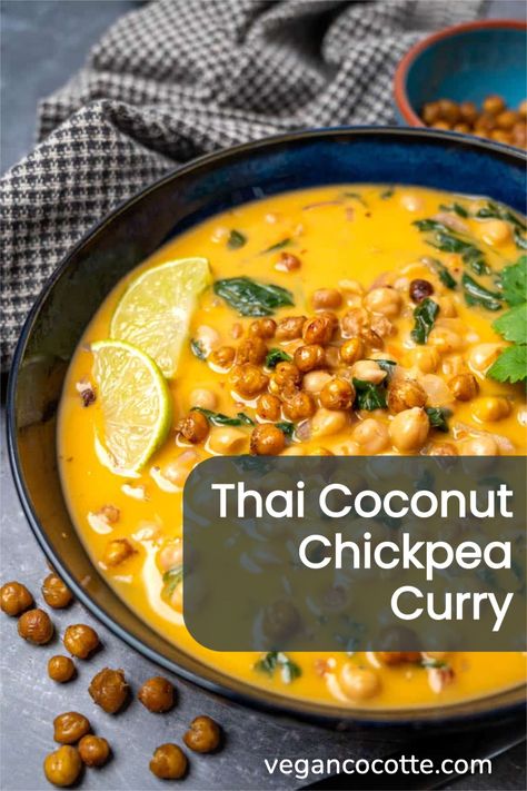 This vibrant Thai coconut chickpea curry is bold, fragrant and utterly delicious. It's also packed full of nutrition, and it comes together in just 30 minutes for the perfect fuss-free weeknight dinner. Vegan Cocotte, Cocotte Recipes, Coconut Chickpea Curry, Coconut Chickpea, Chickpea Curry Recipe, Chickpea Coconut Curry, Vegan Curry Recipes, Vegan Asian Recipes, Vegan Chickpea