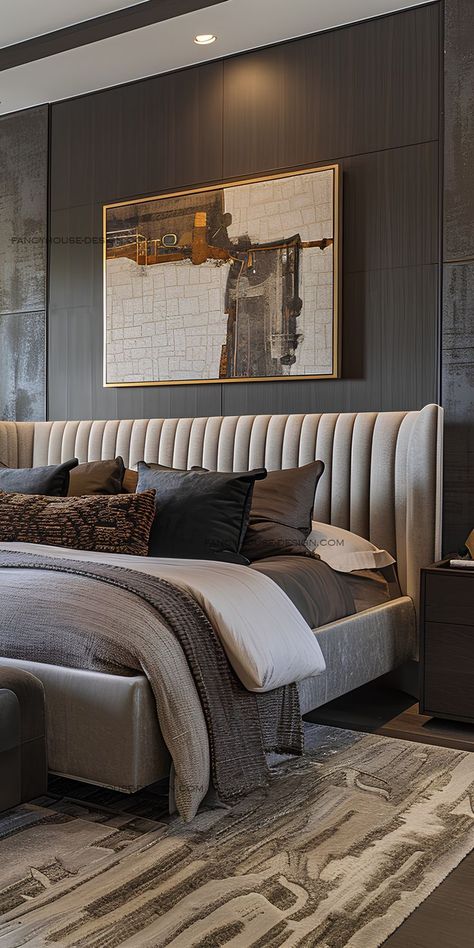 A cozy bedroom sanctuary is enhanced with decorative pillows, bedroom mirrors, and designer furniture, elevating it to a luxurious retreat. Grey Contemporary Bedroom, Lifestyledco Bedroom, Transitional Style Bedroom Inspiration, Luxury Bedroom Hotel Master Suite, Luxury Hotel Decor, Vant Panels Bedroom Ideas, Lux Bedroom Ideas, High Headboard Decor Ideas, Bedroom Inspirations Master Modern Luxury