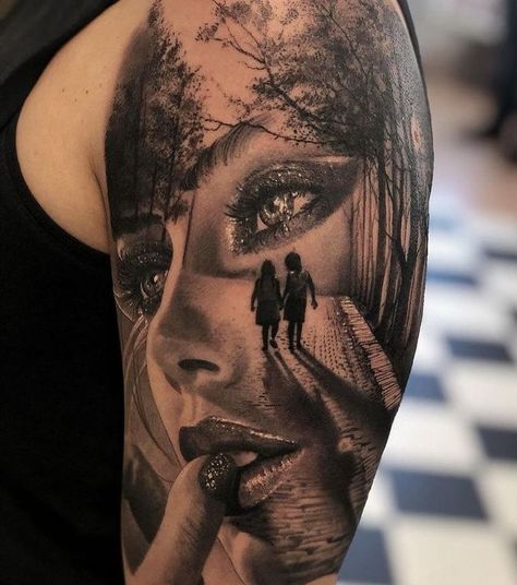 Mirror Reflection Tattoo Ideas, Female Sleeve Tattoo Designs, Grey Scale Tattoo, Full Back Piece Tattoos For Women, Portrait Tattoo Sleeve, Tattoo Bras Homme, Valkyrie Tattoo, Face Tattoos For Women, 12 Tattoos