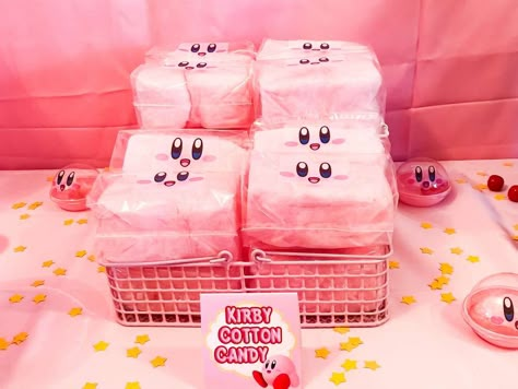 Morgan's Kirby Birthday Party | CatchMyParty.com Kirby Birthday Party Favors, Kirby Cotton Candy, Kirby Birthday Cake Party Ideas, Kirby Party Decorations Diy, Kirby Birthday Party Games, Diy Kirby Birthday Party, Kirby Bday Party, Kirby Themed Party, Kirby Party Food