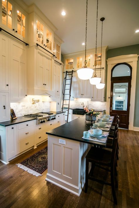 Tall Ceiling Kitchen, Victorian Kitchen Remodel, Modern Victorian Kitchen, Kitchen Ladder, Historic Kitchen, Tall Kitchen Cabinets, Victorian House Interiors, Faucets Kitchen, Ikea Kitchen Remodel