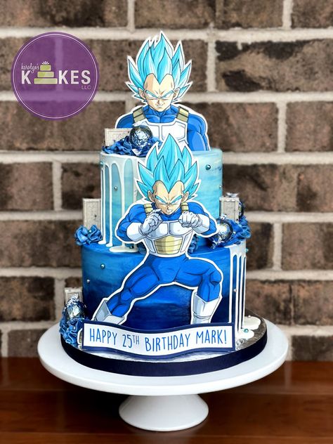 Both tiers iced in Buttercream. Buttercream swirls. Edible image banner and characters. Vegeta Cake, Goku Birthday Cake, Goku Birthday, Vegeta Super Saiyan, Spiderman Birthday Cake, Simple Cakes, Goku Y Vegeta, 30th Birthday Decorations, Specialty Cake