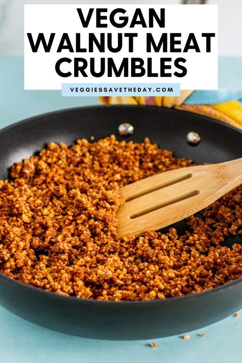 Vegan Walnut Meat Crumbles are a savory oil-free plant-based meat alternative you can make in minutes with raw walnuts and simple seasonings. Unlike other walnut meat recipes, this one is made without mushrooms or beans. All you need are 5 ingredients, 5 minutes, and a food processor. Enjoy them cold or warm in pasta sauces, tacos, salads, and more. Vegan Mushroom Walnut Burger, Walnut Meat Vegan, Walnut Meat Recipes, Vegan Walnut Meat, Walnut Meat, Vegan Bacon Bits, Vegan Meat Recipe, Vegan Ground Beef, Oil Free Vegan Recipes