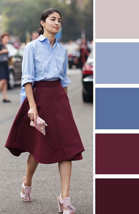 Maroon And Blue Outfit, Brown And Burgundy Outfit, Burgundy Color Combinations, Burgundy Skirt Outfit, Color Matching Clothes, Burgundy Colour Palette, Brown Combination, Color Outfits, Colour Combinations Fashion