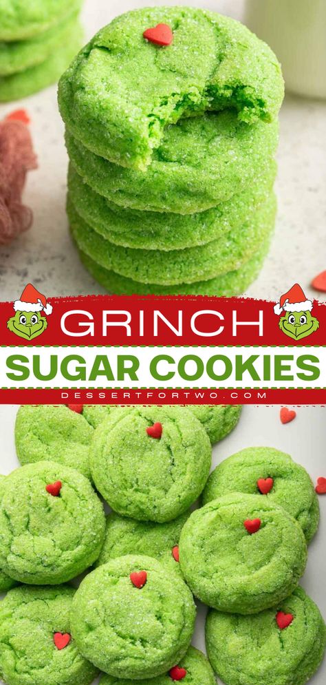 You'll love these best sugar cookies for your easy Thanksgiving sweet treats! Learn how to make these simple grinch drop sugar cookies that are made with melted butter, green food coloring and a single red sprinkle to represent the Grinch's heart. Yum! Simple Christmas Cookies Decorated, Easy Grinch Cookies, Grinch Cookies Recipe, Grinch Sugar Cookies, Christmas Muddy Buddies, Grinch Cookies, Christmas Fudge, Christmas Baking Recipes, Muddy Buddies