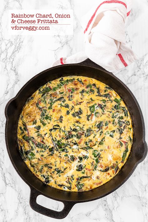 Serve this lovely frittata for your Sunday brunch or as an entree for an easy dinner. Use colorful rainbow chard, or regular Swiss chard, with onion and Parmesan cheese.