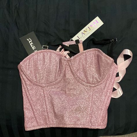 Unfortunately It’s Too Small For Me, Brand New, Never Worn With Tags. See Sizing On Tag For Measurements Pink Bustier Outfit, Quince Clothes, Pink Glitter Outfit, Flower Quince, Surprise Dance Outfits, Bustier Outfit, Bday Fits, Sparkly Tops, Pink Corset Top