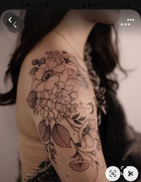 Feminine Leg Tattoos For Women, Diana Severinenko, Feminine Sleeve, Feminine Shoulder Tattoos, Mystical Tattoos, Boho Tattoos, Floral Tattoo Sleeve, Sleeve Ideas, Floral Tattoo Design