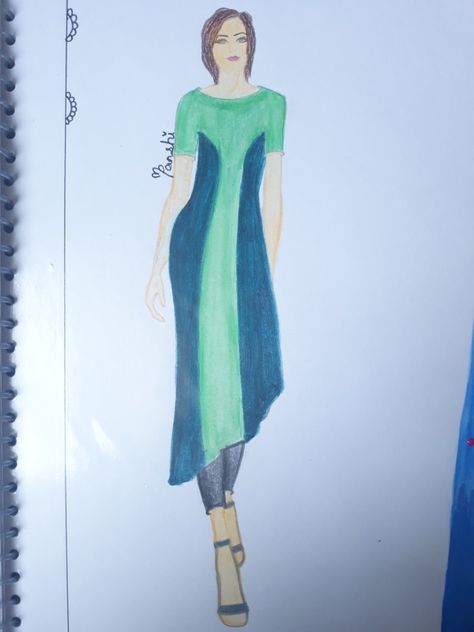 Illustration of long kurti with princess line by palak trivedi ...for more illustrations , embroidery and order of garments visit my instagram page @panshi.creations Kurti Illustration, Cut Kurti Design, Princess Cut Kurti, Dress Illustration Design, Kurti Pattern, Princess Line, Dress Illustration, Kurti Patterns, Long Kurti