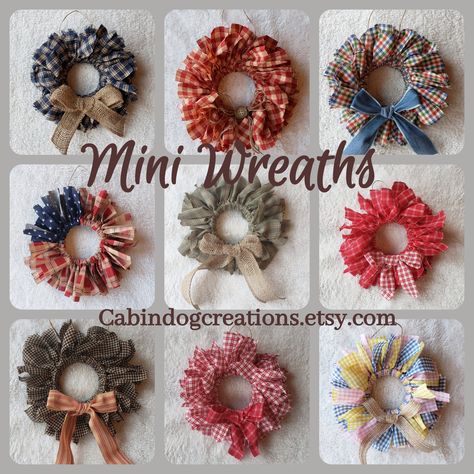 Mini Wreaths - 8 inch wreaths for any occasion, any holiday, any home!  #primitivewreath #miniwreath #smallwreath #easterwreath #springwreath #redwreath #countrywreath #wreath #ragwreath #ragquilt Mini Rag Wreath Diy, 8 Inch Wreath Ideas, Small Wire Wreath Ideas, Jar Lids Diy, Small Wreath Ideas, Mini Rag Wreath, Mini Wreath Diy, Americana Christmas, Hoop Decor