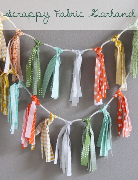 Scrappy Fabric Garland | Cluck Cluck Sew Garland Tutorial, Cluck Cluck Sew, Fabric Garland, Fall Thanksgiving Decor, Diy Banner, Bunting Garland, Fabric Projects, Diy Fabric, Fabric Scraps