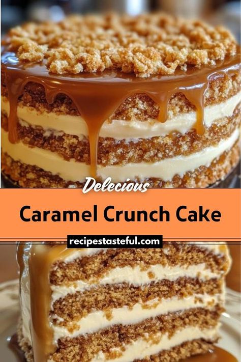 A decadent dessert featuring layers of moist vanilla cake topped with rich caramel sauce, a crunchy toffee topping, and creamy caramel buttercream frosting. Perfect for special occasions or indulgent treats. Caramel Crunch Cake Recipe, Caramel Crunch Cake, Caramel Cake Filling, Crunch Cake Recipe, Toffee Cake, Moist Vanilla Cake, Caramel Crunch, Crunch Cake, Caramel Cake