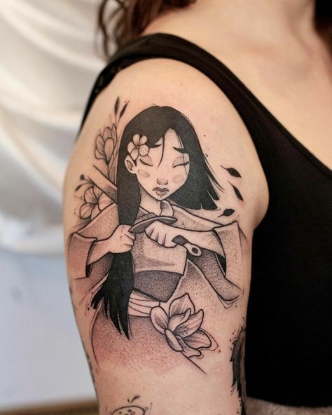 Patchwork Sleeve Ideas, Mulan Tattoo, Patchwork Sleeve, Disney Tattoo, Sleeves Ideas, Best Tattoo Designs, Disney Tattoos, The Way Back, Creative Tattoos