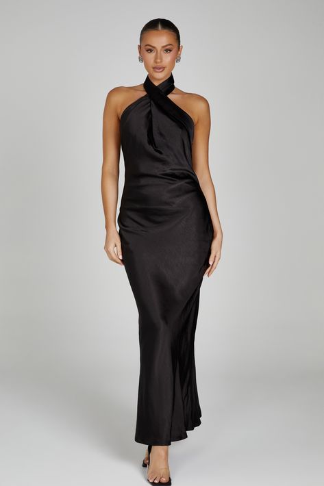 A grand entrance ensues. The LAURA is a beautiful satin gown with a twisted halter neckline, low, scooped back, and draped, flowing hem. A sleeveless design paired with a halter twist neckline emphasises and flatters the shoulders. The back features a modestly low scooped neckline that flows into an invisible side seam zipper and fabric-covered buttons. Made of 100% unlined polyester, the entirety of the dress’s cut and fit flows and drapes like a true goddess gown. This dress will have you feel Nursing Friendly Dress, Goddess Gown, Dresses Date Night, Satin Heels, Satin Gown, Black Wedding Dresses, Date Night Dresses, Grand Entrance, Halter Neckline