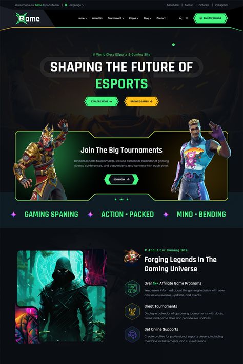 Bame – eSports and Gaming WordPress Theme is a minimal and contemporary WordPress the theme, Bootstrap-based WordPress Theme. Gaming Website Design, Game Website Design, Game Web Design, Game Website, Marketing Dashboard, Thumbnail Ideas, Gaming Website, Gaming Design, Website Images