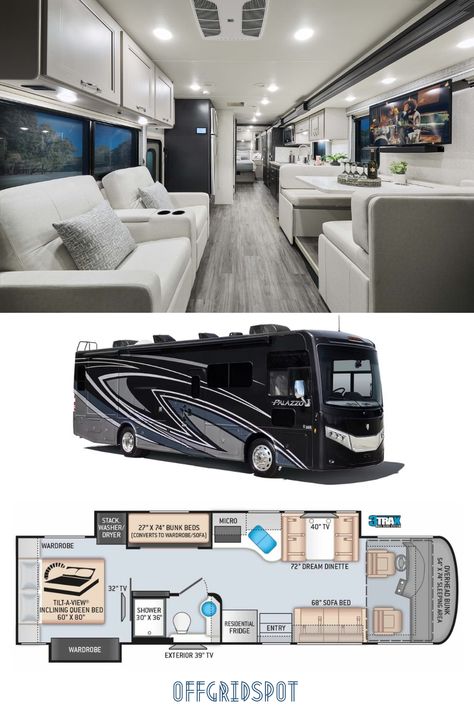 Thor Motor Coach Palazzo 33.5 - Camper that Sleeps 10 Vanity Van, Rv Living Room, Luxury Campers, 5th Wheel Camper, Entegra Coach, Luxury Motorhomes, Class A Rv, Luxury Houses Mansions, Custom Campers