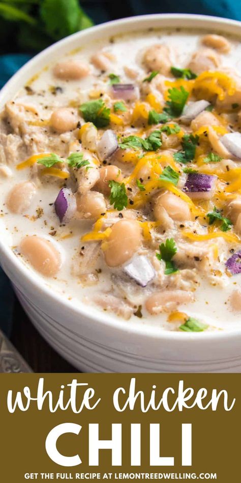 The BEST White Chicken Chili! Loaded with white beans, shredded chicken, green chiles, and the perfect blend of spices, this recipe comes together quickly and is always a crowd favorite. Enjoy it all on its own or with any of your favorite chili toppings! Asian Chicken Chili, Chicken White Chili Recipe, Weight Watchers White Chicken Chili Easy, Plain Chicken White Chicken Chili, White Chicken Chili Allrecipes, White Chili With Ground Chicken, Tumbleweed White Chicken Chili, Green Chile Chicken Chili, Vegan White Chili Recipe