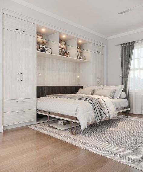 A wall bed, also known as a Murphy bed, is a bed that can be folded up and stored vertically against a wall or inside a cabinet when not in use. Here are some benefits of having a wall bed: Space Saving: One of the primary benefits of a wall bed is its space-saving design. When not in use, the bed can be folded up, allowing you to reclaim floor space in the room for other activities. Murphy Bed Living Room, Murphy Bed Office, Diy Murphy Bed, Bed Inspiration, Guest Bedroom Home Office, Horizontal Murphy Bed, Murphy Bed Desk, Murphy Wall Beds, Modern Murphy Beds