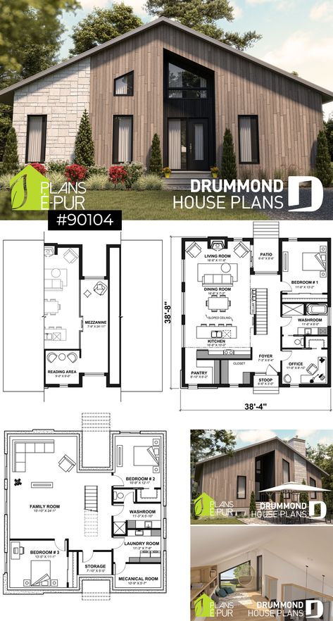 Mezzanine House Design Floor Plan, Small Scandinavian House Plans, Small Family House Plans, Scandinavian Floor Plans, Small Scandinavian House, Mezzanine House Design, Modern Scandinavian House Plans, Nordic House Plans, Nordic House Interior