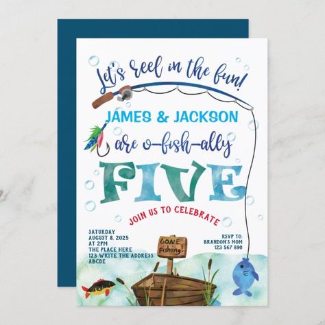 Twins O-fish-ally Little Fisherman 5th birthday Invitation Save The Date Birthday, 5th Birthday Invitation, Fishing Theme Birthday, Fishing Themed Birthday Party, Third Birthday Invitations, Fishing Birthday Party, O Fish Ally, Chic Invitation, Twins 1st Birthdays