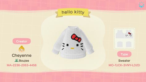 Hello Kitty Acnh Clothes, Animal Crossing Design Codes Hello Kitty, Animal Crossing Hello Kitty Design, Hello Kitty Acnh Code, Animal Crossing Pjs Design, Acnh Rose Design, Animal Crossing Hello Kitty, Hello Kitty Acnh, Acnh Y2k Clothes Codes