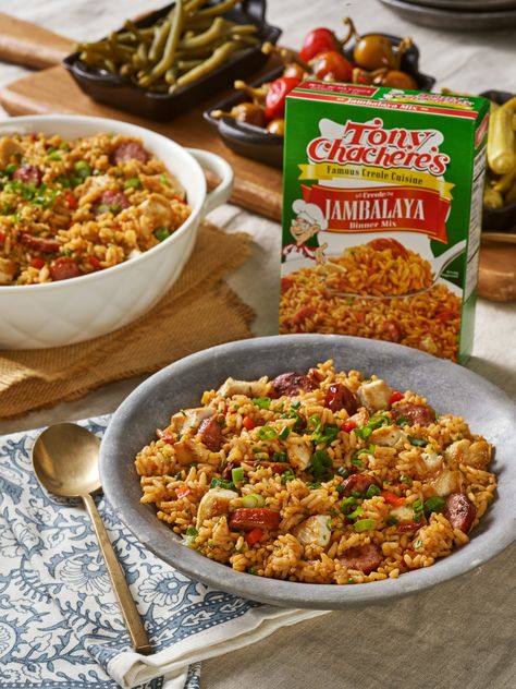 Tony Chachere Gumbo Recipe, Tony Chachere Recipes, Jambalaya Rice, Cheesy Chicken And Rice, Chicken And Sausage Jambalaya, Sausage Jambalaya, Rice Bake, Chicken And Sausage, Creole Cooking