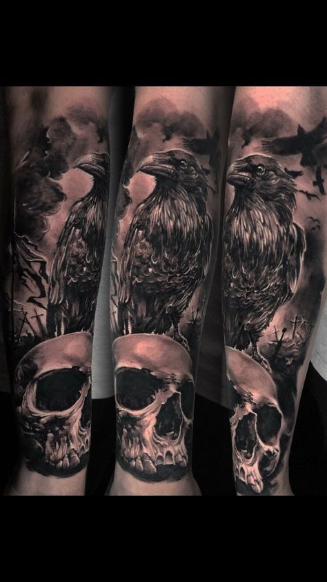 Crow And Skull Tattoo, Crow Skull Tattoo, Crow Tattoo Meaning, Skull Tattoo Sleeve, Crow And Skull, Black Crow Tattoos, Rabe Tattoo, Crow Tattoo Design, Viking Tattoo Sleeve