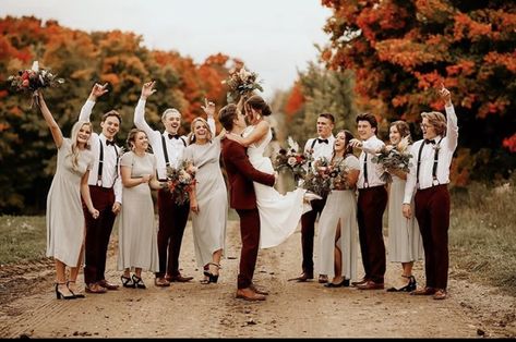 Maroon Wedding Party Attire, Groom Not Matching Groomsmen, Maroon Groom Suit Bridesmaid Dresses, Groom Burgundy Suit Bridesmaid Dresses, Maroon And Tan Wedding Theme, Champagne And Burgundy Wedding Groomsmen, Wine Bridesmaid Dress With Groomsmen, Burgundy And Tan Wedding Party, Tan And Maroon Wedding