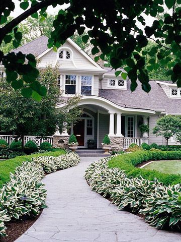 Front garden - using variegated hosta and boxwood.  No need for flowers... the foliage creates more than enough interest. Unique Backyard, Pools Design, Gravel Walkway, Front Yards Curb Appeal, Walkway Ideas, Driveway Landscaping, Deck Designs, Front Landscaping, Have Inspiration