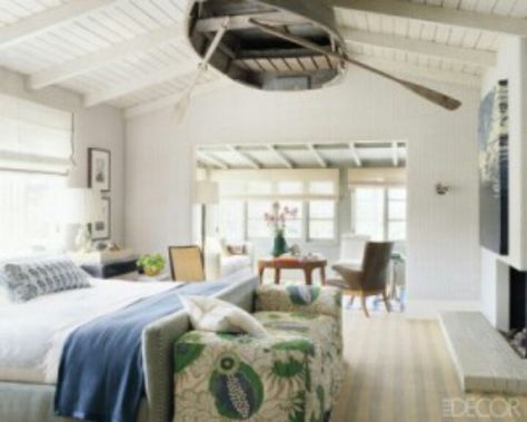 Jeffrey Allen Marks bedroom rowboat on ceiling, just so perfect for a beach house. Talk about a wow factor, thinking outside the box is what makes this room awesome Fun Bedroom, Christopher Farr, Nautical Bedroom, Better Habits, Dream Master, Summer Bedroom, House Of Turquoise, Vintage Abercrombie, Light Hanging