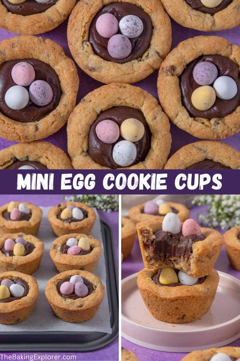 Recipe for Mini Egg Cookie Cups - choc chip cookie cups, filled with chocolate ganache and decorated with Mini Eggs, perfect for Easter! #thebakingexplorer #cookiecups #minieggs #easterbaking #minieggcookie