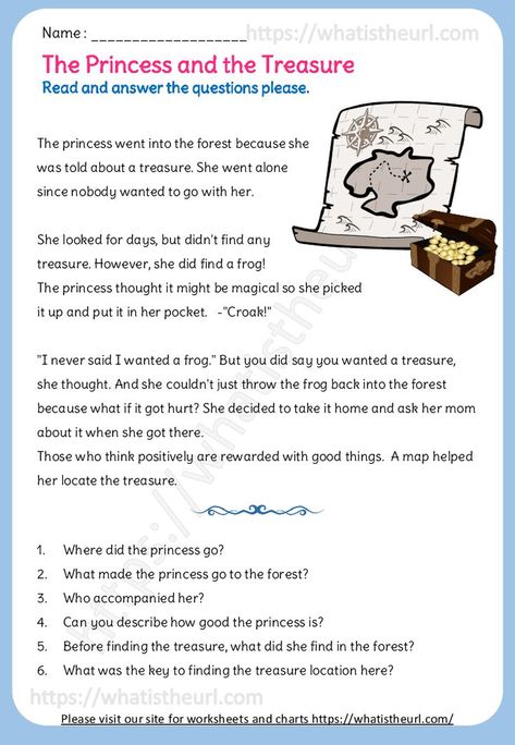 Here is a reading comprehension on a story “The Princess and the Treasure”. This can be used for any higher grades.Please download the PDF Reading Comprehension – The Princess and the Treasure 3rd Grade Reading Comprehension Worksheets, Factor Trees, English Conversation For Kids, Reading Comprehension Test, Reading Fluency Passages, 2nd Grade Reading Comprehension, Preposition Worksheets, Reading Comprehension For Kids, Reading Comprehension Kindergarten