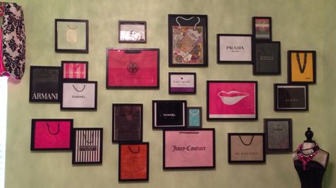 Hey friends! I need shopping bags in really good condition. Victoria secret, Mac, Juicy Couture etc Bags On Wall, Shopping Bags On Wall For Room Decor, Designer Bag Display Bedroom, Victoria Secret Store Interior, Framed Shopping Bags, Victoria’s Secret Themed Room, Victorias Secret Shopping Bag Aesthetic, Dressing Room Closet, Vanity Room