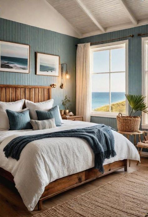 More than 25 lake house bedroom ideas that will impress you Breezy Home Decor, Ocean Aesthetic House, Coastal Cottage Interior Design, Dark Coastal Bedroom, Sea House Interior, Dark Beach House, Coastal Bedroom Inspiration, Relax Room Ideas, Bedroom Ideas Ocean