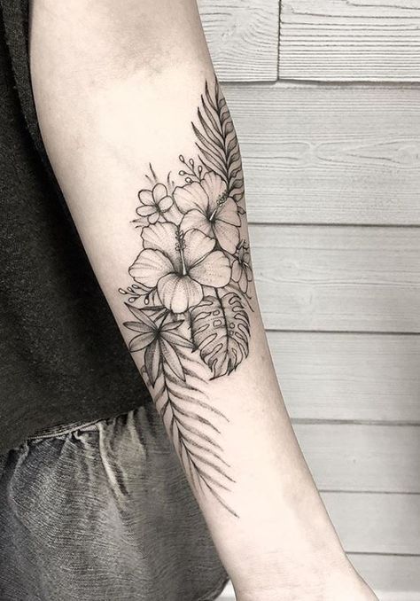 60+ Black & Gray Flower Tattoos by Anna Bravo - List Inspire Tropisches Tattoo, Tropical Flower Tattoos, Floral Arm Tattoo, Hawaiian Flower Tattoos, Tropical Tattoo, Hawaii Tattoos, Hibiscus Tattoo, Beautiful Flower Tattoos, Small Flower Tattoos