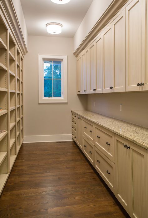 Walk In Pantry With Cabinet Doors, Butlers Pantry Appliance Storage, Pantry Scullery Ideas, Long Walk In Pantry, Butler Pantry Must Haves, Walk In Pantry Ideas Layout With Window, Long Narrow Butlers Pantry, Walk Through Pantry Behind Kitchen, Window In Pantry