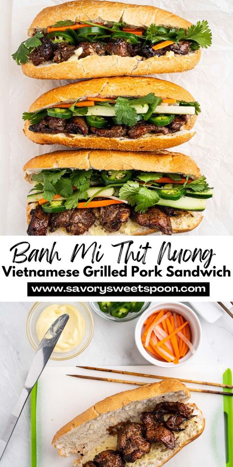 Banh Mi Thit Nuong—the Vietnamese sandwich that effortlessly combines smoky grilled pork, tangy pickled veggies, and crisp, fresh herbs all nestled within a soft, airy baguette. Included are special hacks and tips on how to grill or bake the meat to perfection. Ban Mi Sandwich Recipe Pork, Pork Banh Mi Sandwich, Banh Mi Pork, Bahn Mi Sandwich, Asian Cusine, Banh Mi Recipe, Vietnamese Banh Mi, Vietnamese Grilled Pork, Food Bites