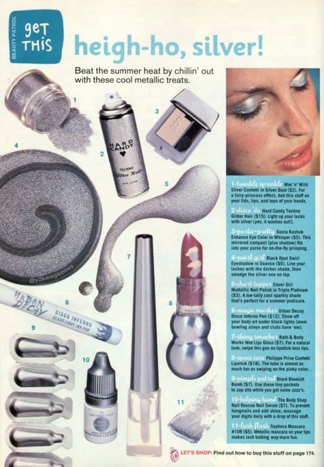 CosmoGirl!, July 2000 90s Catalog, Y2k Magazine, 90s Magazine, 2000s Magazines, Vintage Makeup Ads, Y2k Makeup, Vintage Editorials, 잡지 레이아웃, Silver Makeup