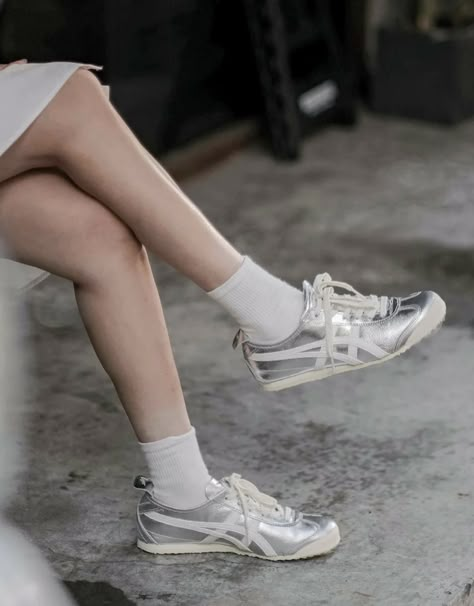 silver mexico 66 leather sneakers❤ Onitsuka Tiger Mexico 66 Silver, It Girl Sneakers, Onitsuka Shoes, 2025 Wishlist, Tiger Mexico 66, Onitsuka Tiger Mexico 66, Girl Sneakers, Mexico 66, Silver Sneakers