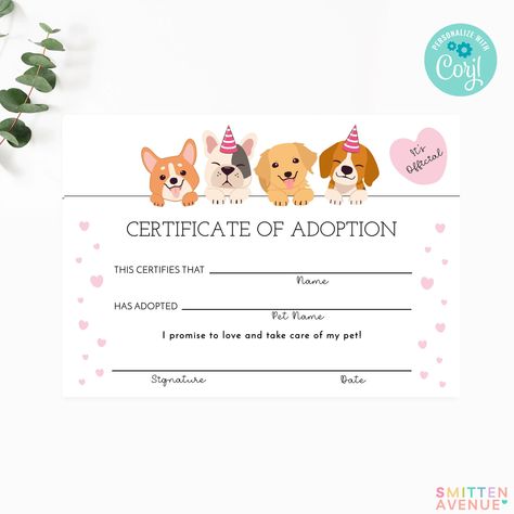 Printable Party Favors, Lets Pawty, Game Edit, Adoption Party, Adoption Certificate, Dog Party, Puppy Party, Printable Party, Party Printable