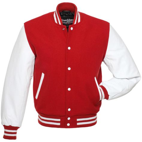 Red Wool and White Leather Letterman Jacket - C103 ($150) ❤ liked on Polyvore featuring outerwear, jackets, wool leather jacket, leather jackets, red leather jacket, white varsity jacket and white wool jacket Leather Sleeve Jacket, School Jacket, Leather Varsity Jackets, Varsity Letterman Jackets, College Jackets, Varsity Jacket Men, Baseball Varsity Jacket, Leather Sleeves, Jackets Men Fashion