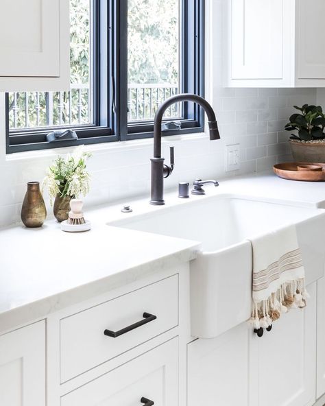 Mindy Gayer Design, Modern Black Kitchen, White Farmhouse Sink, Dirty Kitchen, Carolina House, Black Taps, Butlers Pantry, North Carolina Homes, All White Kitchen