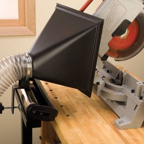 This miter saw dust collection set up is mobile and quick to set up anywhere! Miter Saw Dust Collection, Mitre Saw Dust Collection, Officine In Garage, Shop Dust Collection, Saw Dust, Dust Collection System, Shop Vac, Learn Woodworking, Diy Holz