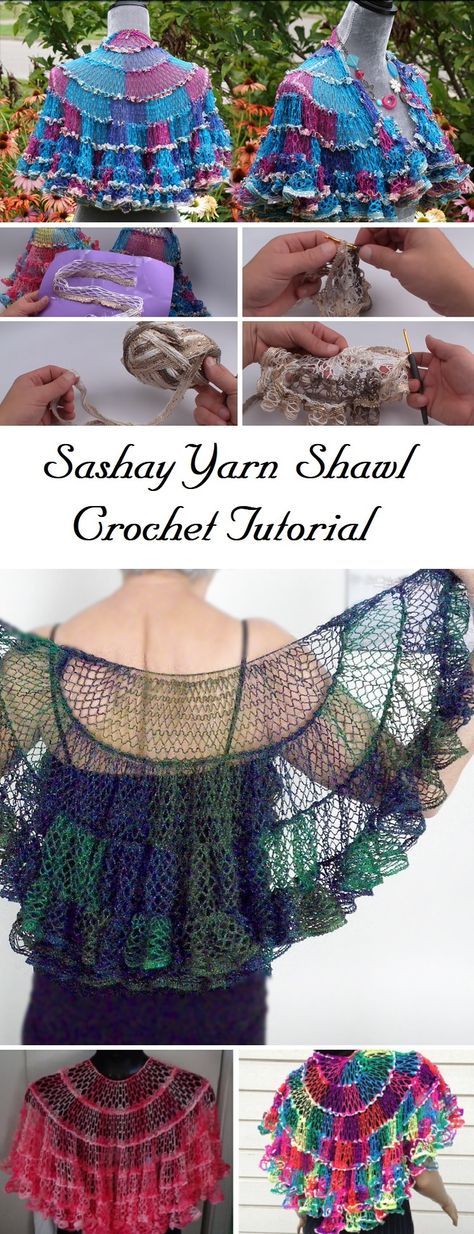 Crochet Beautiful Shawl (Sashay Yarn) - Design Peak Sashay Yarn Projects Crochet, Tl Yarn Crafts Shawl, Ruffle Yarn Crochet Patterns, Crochet Shawl Mandala Yarn, Crochet Desert, Eyelash Yarn Crochet, Ruffle Yarn Projects, Sashay Yarn Projects, Sashay Crochet